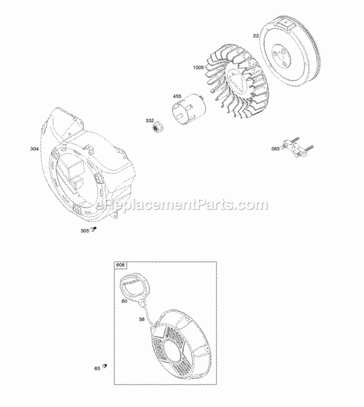 Blower Housing Flywheel Rewind Starter Diagram and Parts List for 25M137-0115-H1  Briggs and Stratton Engine